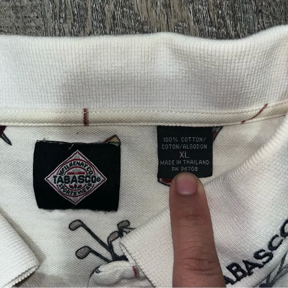 Vintage Tabasco Hot‎ Sauce Polo Shirt Men's XL All Over Print Golf Chili Peppers